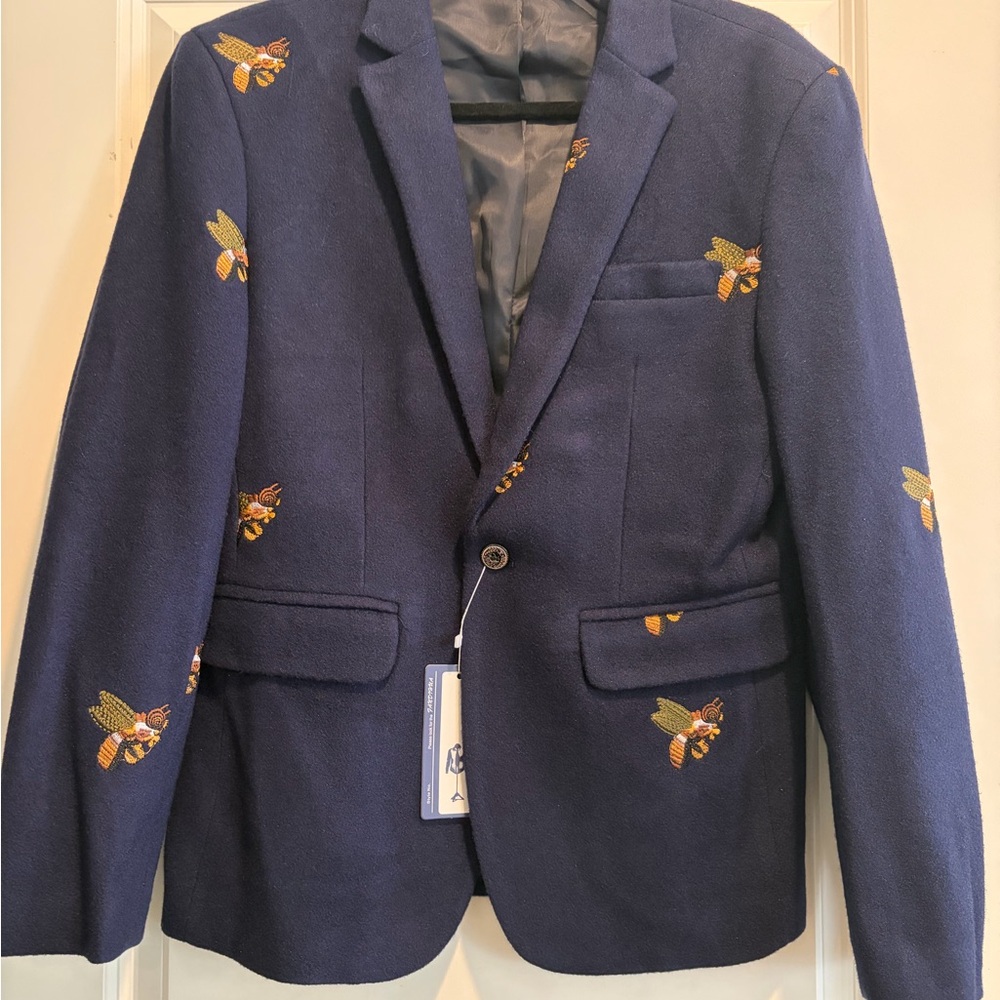 Men's Navy Blazer with Embroidered Bees